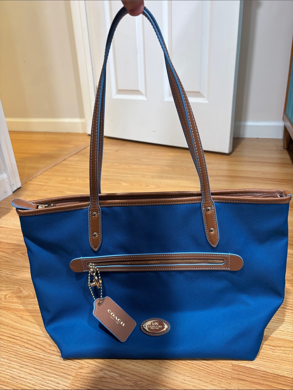 Coach Royal Blue Tote with Brown Leather Trim